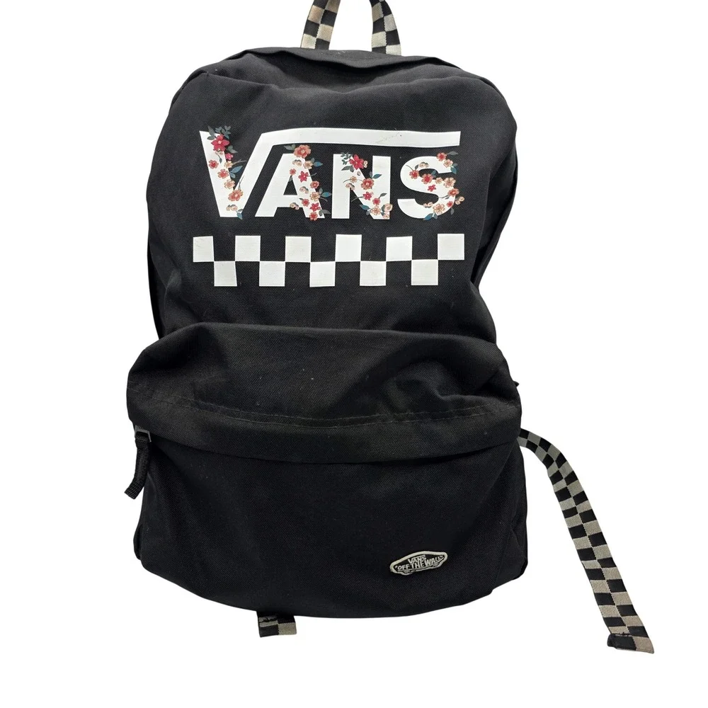 Vans Backpack Unisex OS Black Floral Logo Checkerboard Canvas Skate School Bag